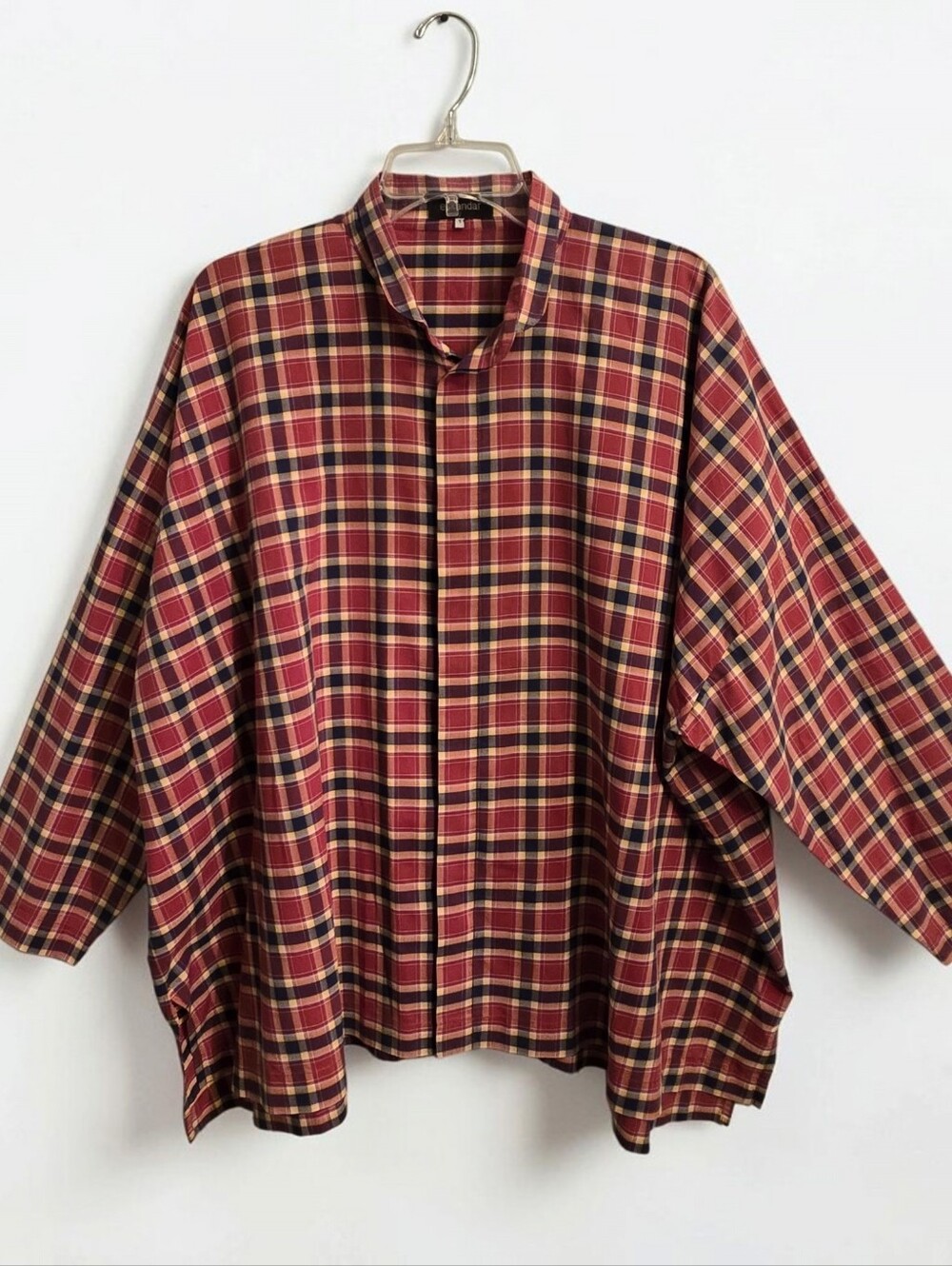eskandar Oversize Check Button Up Blouse Tunic Rust Navy Cream Check Womens 1 XL
